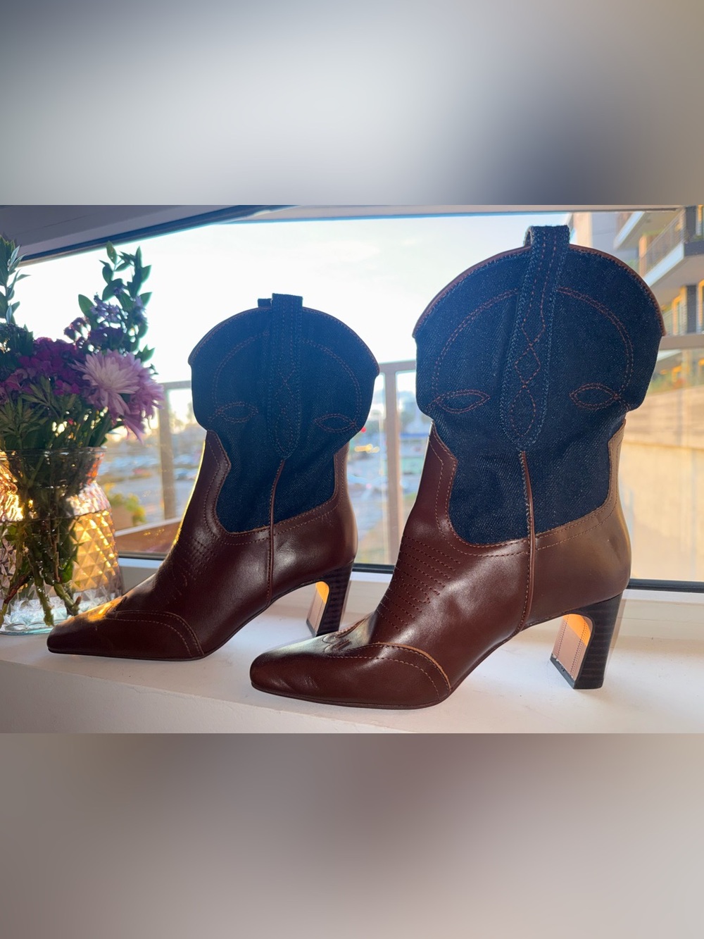 Steve Madden Brown Leather with Black Suede Western Ankle Boots - Picture 2 of 4